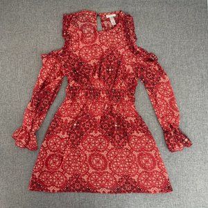 Knox Rose Red Sheer Dress Cold‎ Shoulder XS Long Ruffles Sleeves Floral Print